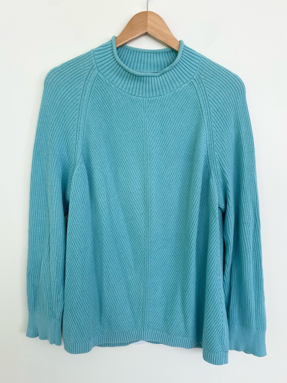 LL Bean Shaker-Stitch Cotton Aqua Turquoise Sweater L Large Funnel Neck Relaxed